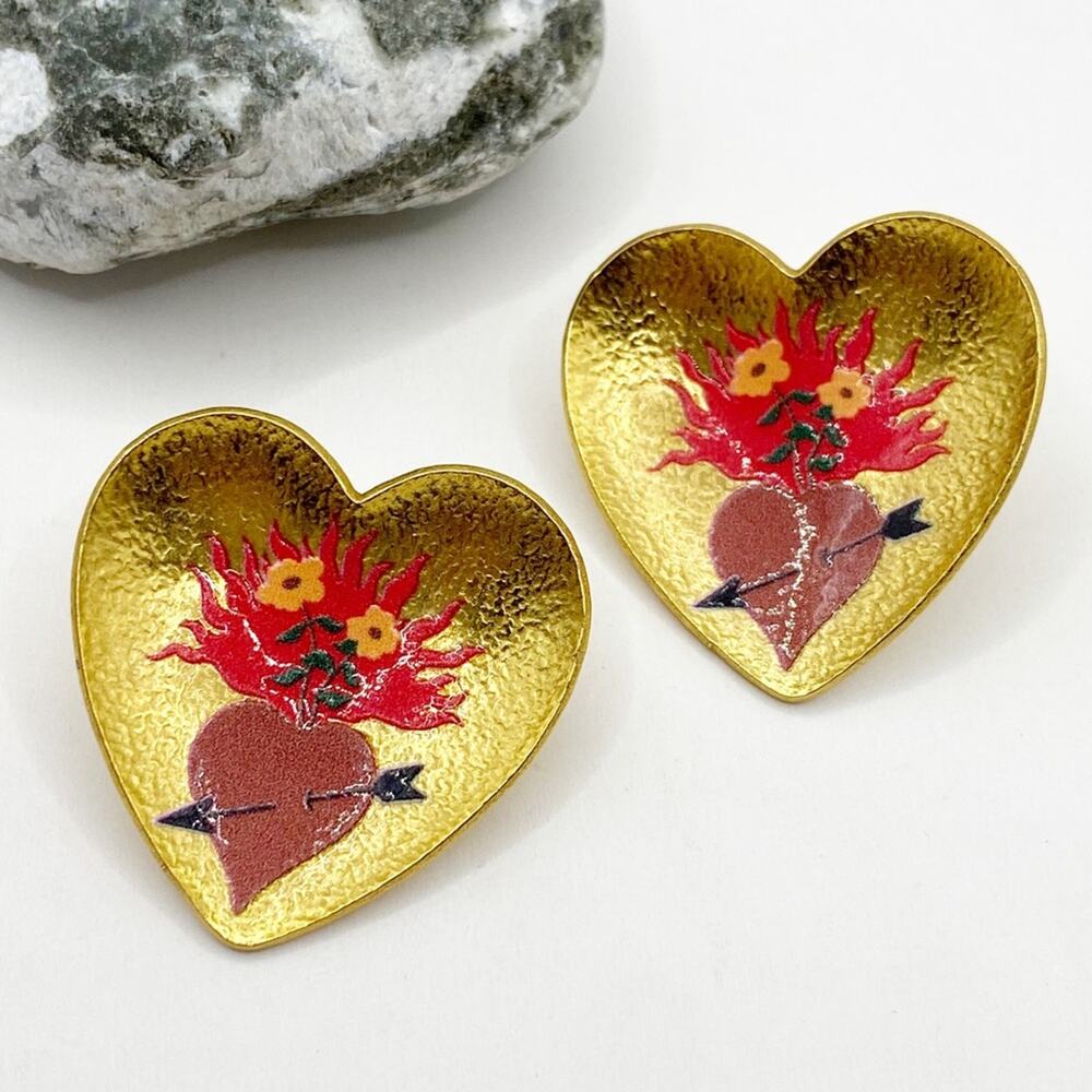 NEW Flaming Heart Statement Earrings